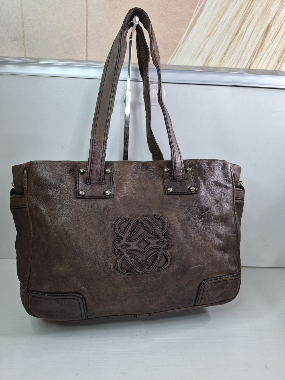 Loewe Brown Leather Tote with Embossed Medallion